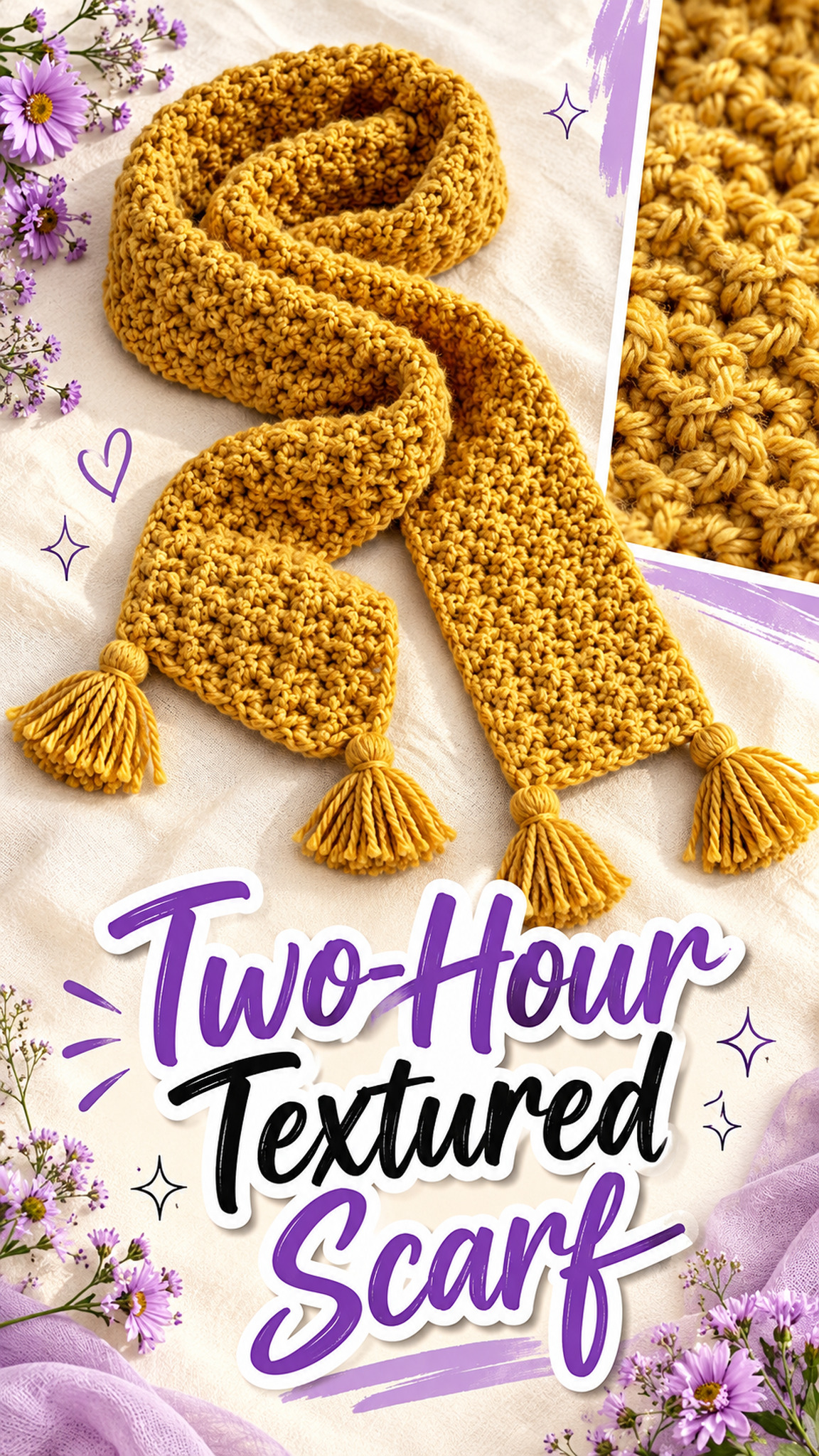 AI-generated styling illustration: Mustard-gold textured crochet scarf with corner tassels.