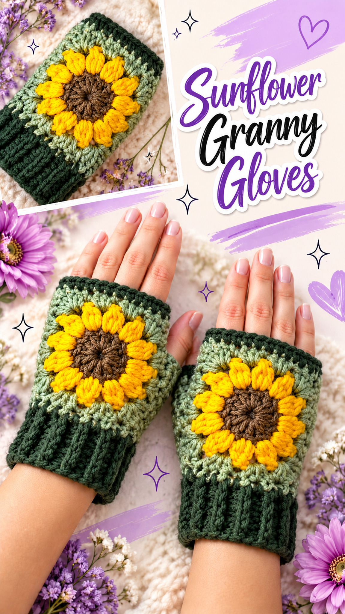 AI-generated styling illustration: Green sunflower granny square fingerless gloves with yellow petals and ribbed cuffs.