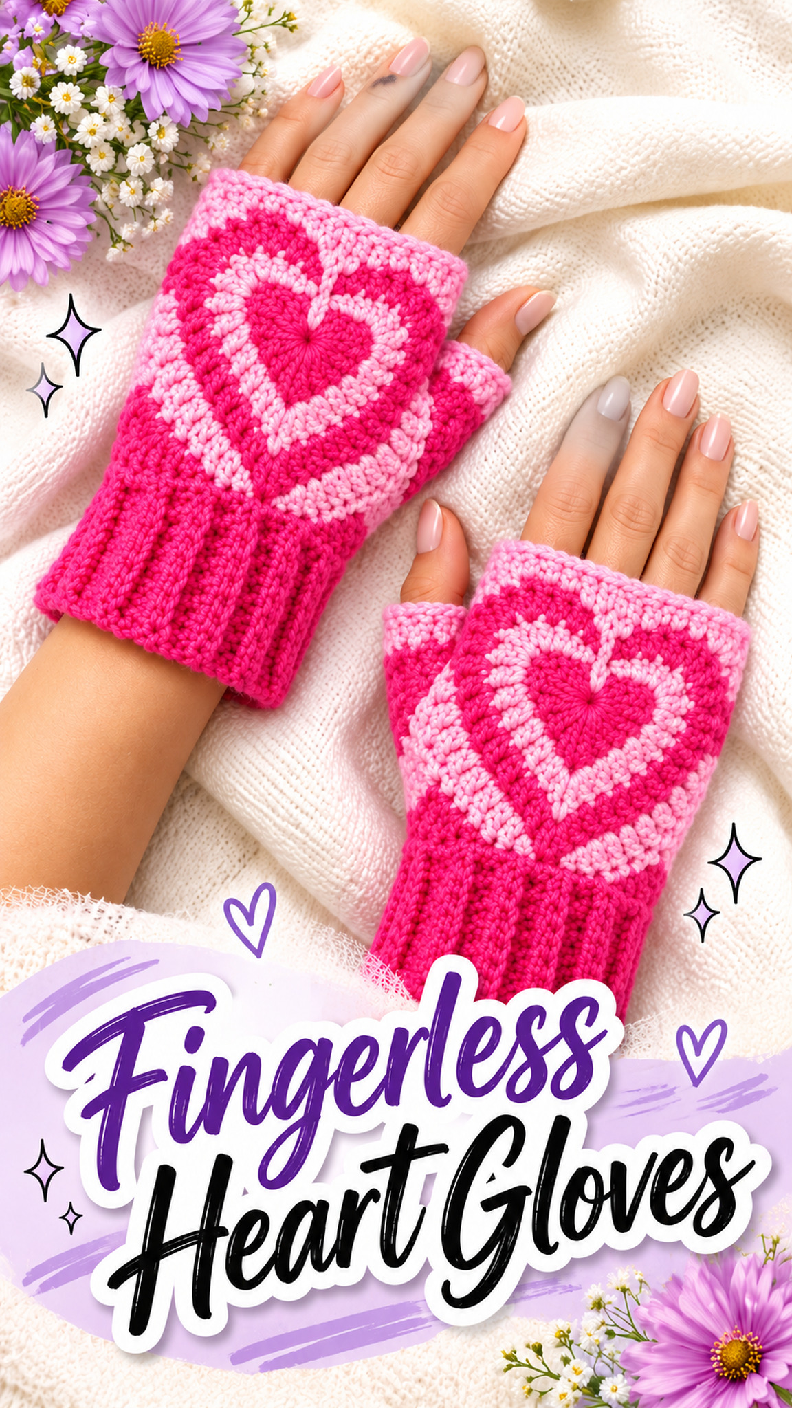 AI-generated styling illustration: Pink fingerless crochet gloves with nested heart motifs and ribbed wrists.
