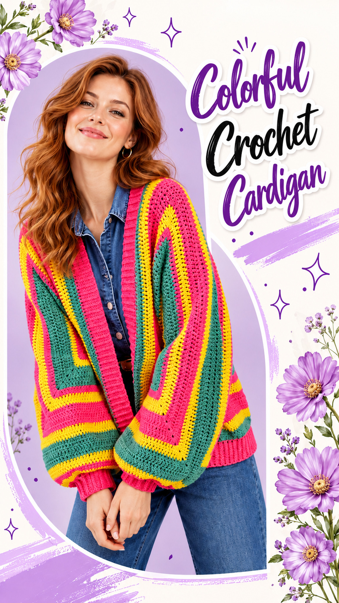 AI-generated styling illustration: Bright pink, teal, and yellow geometric striped crochet cardigan.