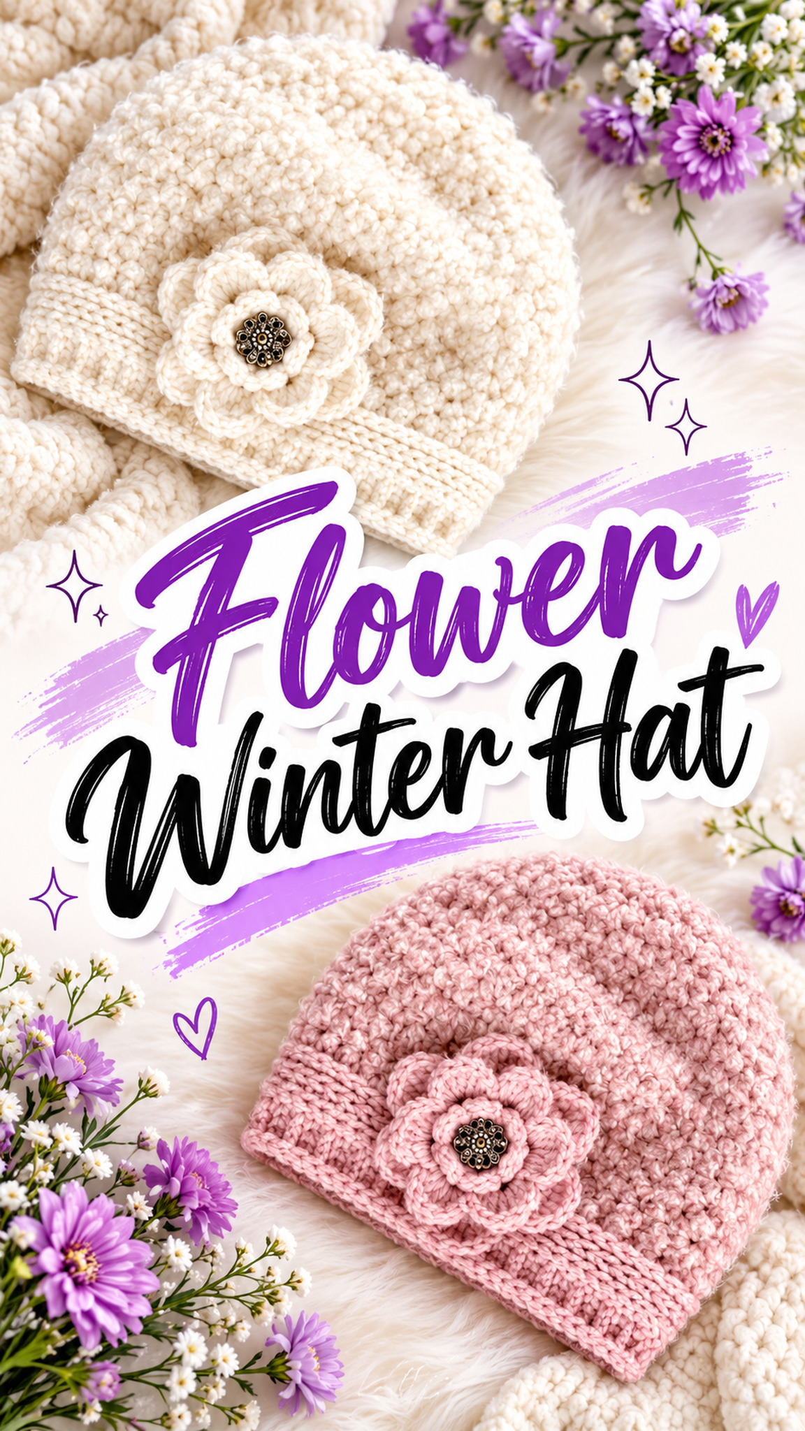 AI-generated styling illustration: Ivory and dusty pink chunky crochet hats with layered flowers.