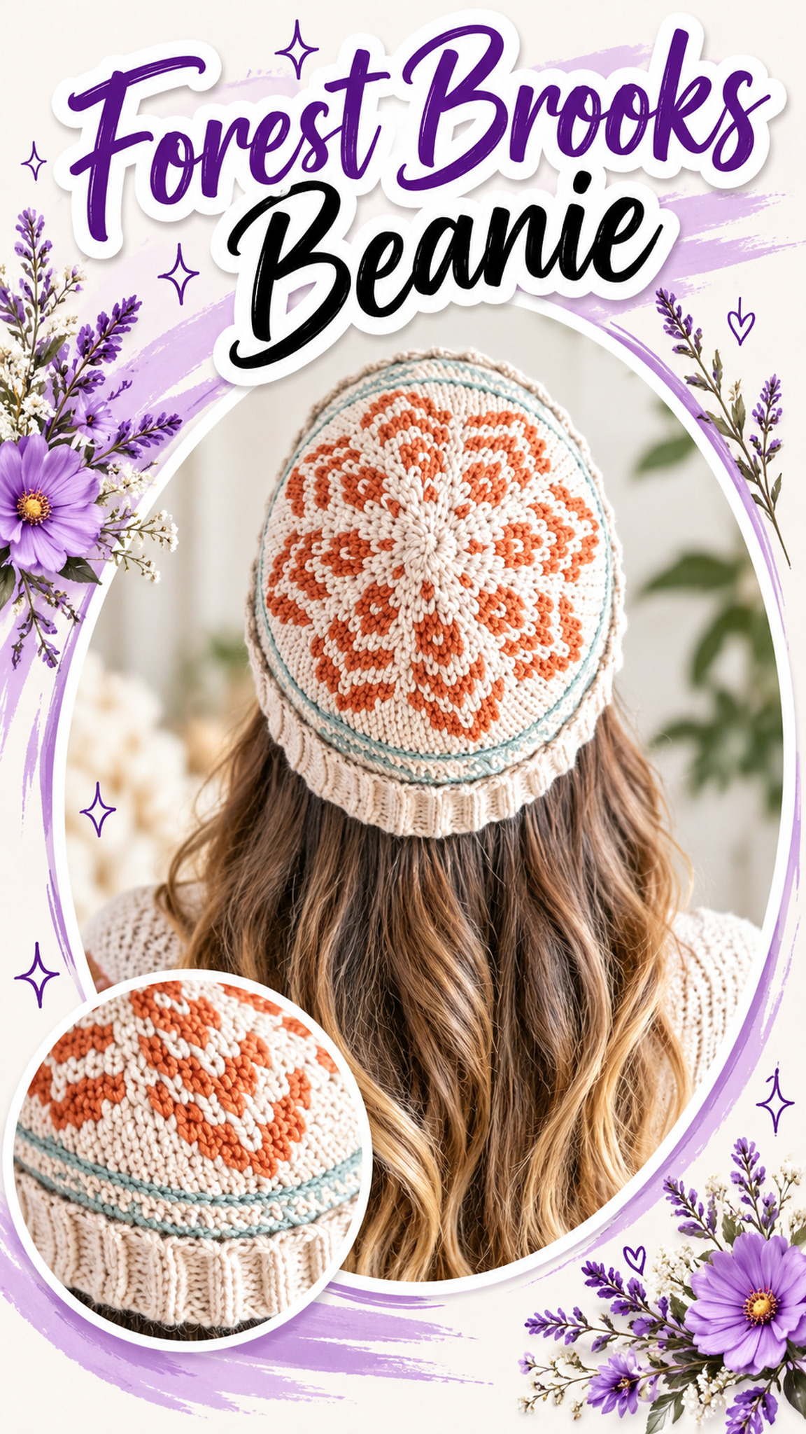 AI-generated styling illustration: Cream Forest Brooks crochet beanie with rust and pale aqua geometric crown colorwork.