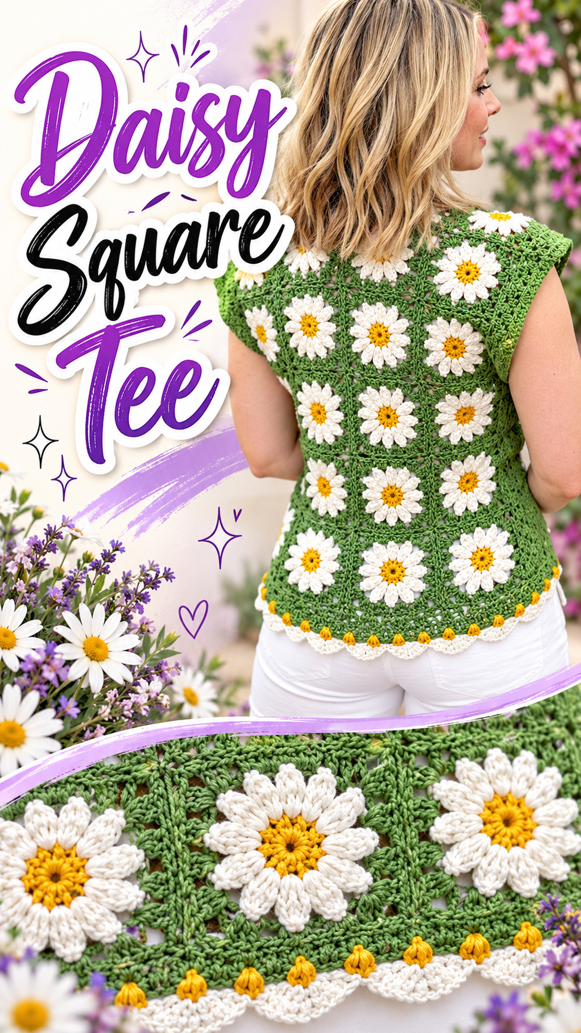 AI-generated styling illustration: Green daisy granny square crochet tee with white petals and yellow flower centers.