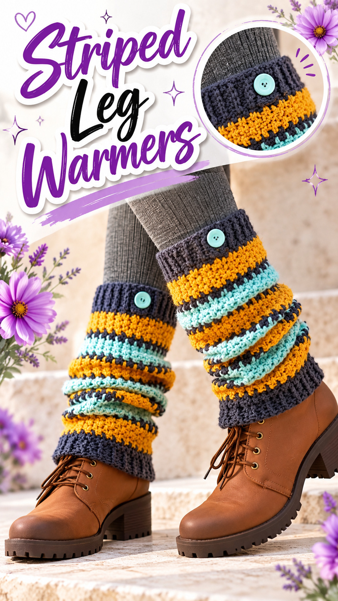 AI-generated styling illustration: Yellow, aqua, and charcoal striped crochet leg warmers above tan boots.