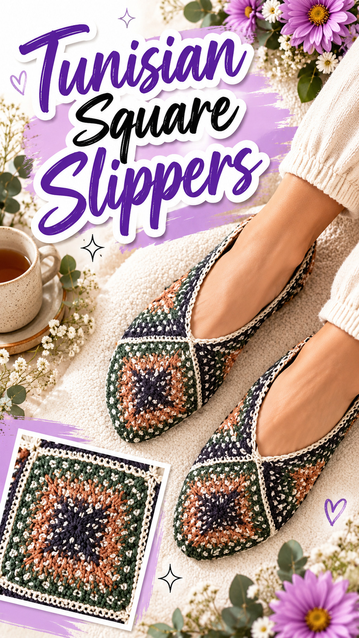 AI-generated styling illustration: Tweed Tunisian square crochet slippers with green, rust, cream, and navy motifs.