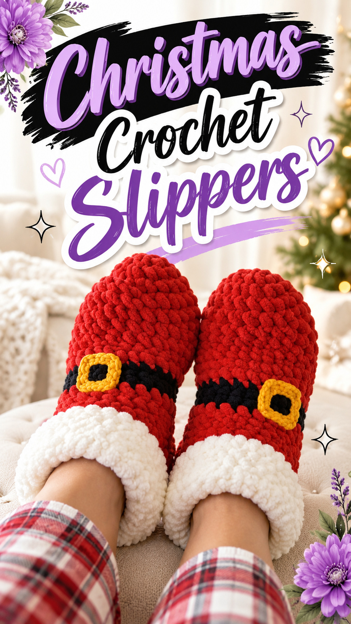 AI-generated styling illustration: Red Santa-inspired crochet slippers with white cuffs, black belt stripes, and gold buckles.