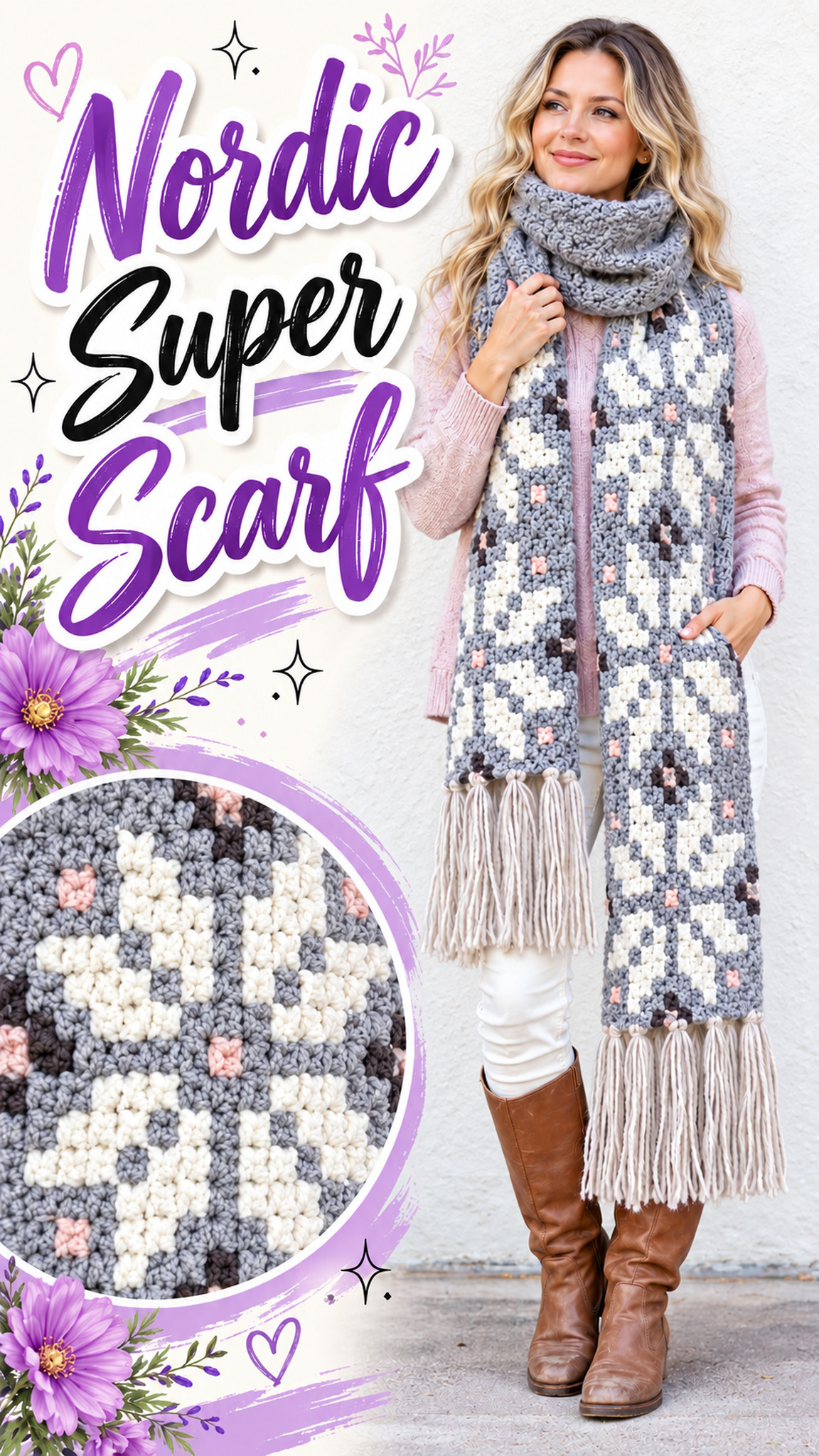 AI-generated styling illustration: Oversized gray Nordic crochet scarf with pale snowflake motifs and ivory fringe.